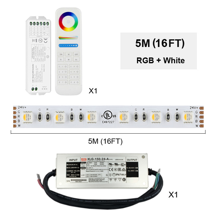 5050 24V RGB+Warm White 2700k Color Changing LED Strip Light, 60/m, 5m Reel Kit